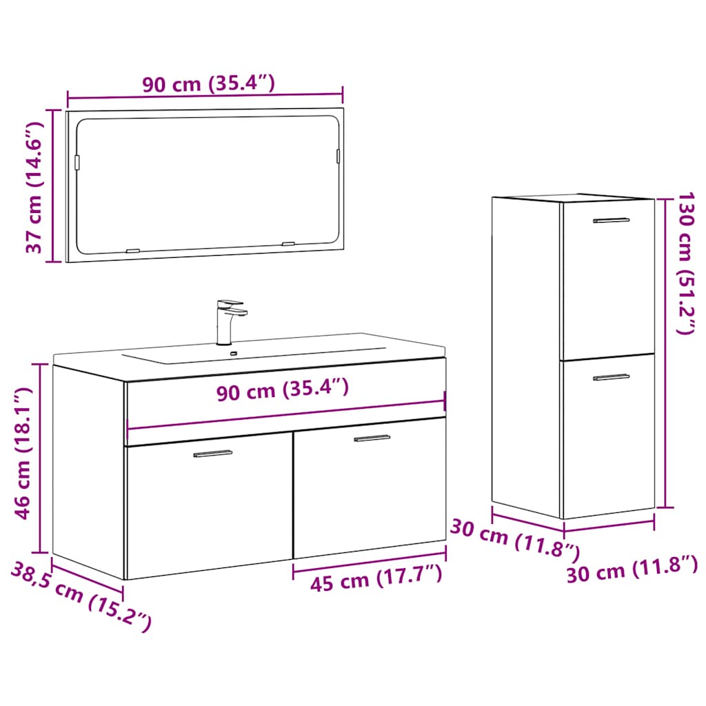 Set mobilier de baie, 3 piese, stejar artizanal, lemn prelucrat