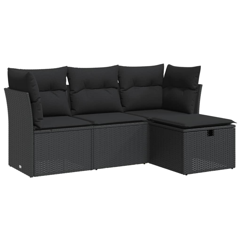 Set mobilier de grădină cu perne, 4 piese, negru, poliratan