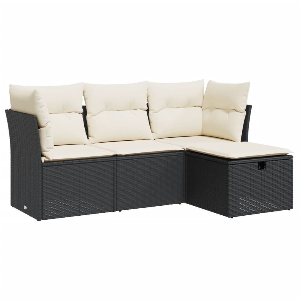 Set mobilier de grădină cu perne, 4 piese, negru, poliratan