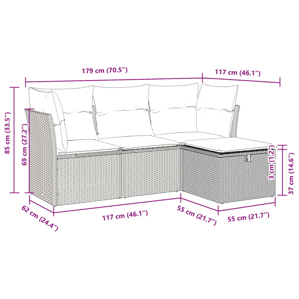 Set canapea de grădină cu perne, 4 piese, gri, poliratan