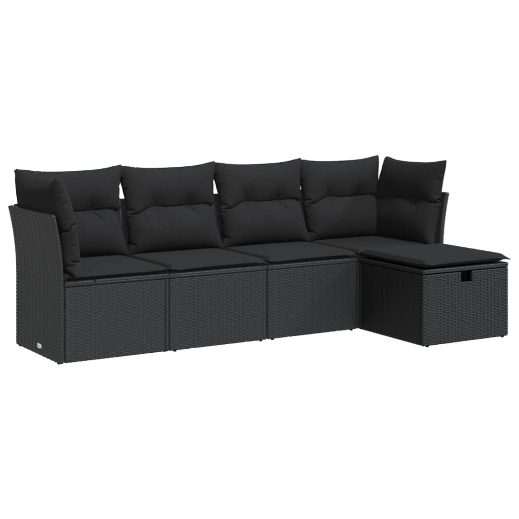 Set mobilier de grădină cu perne, 5 piese, negru, poliratan