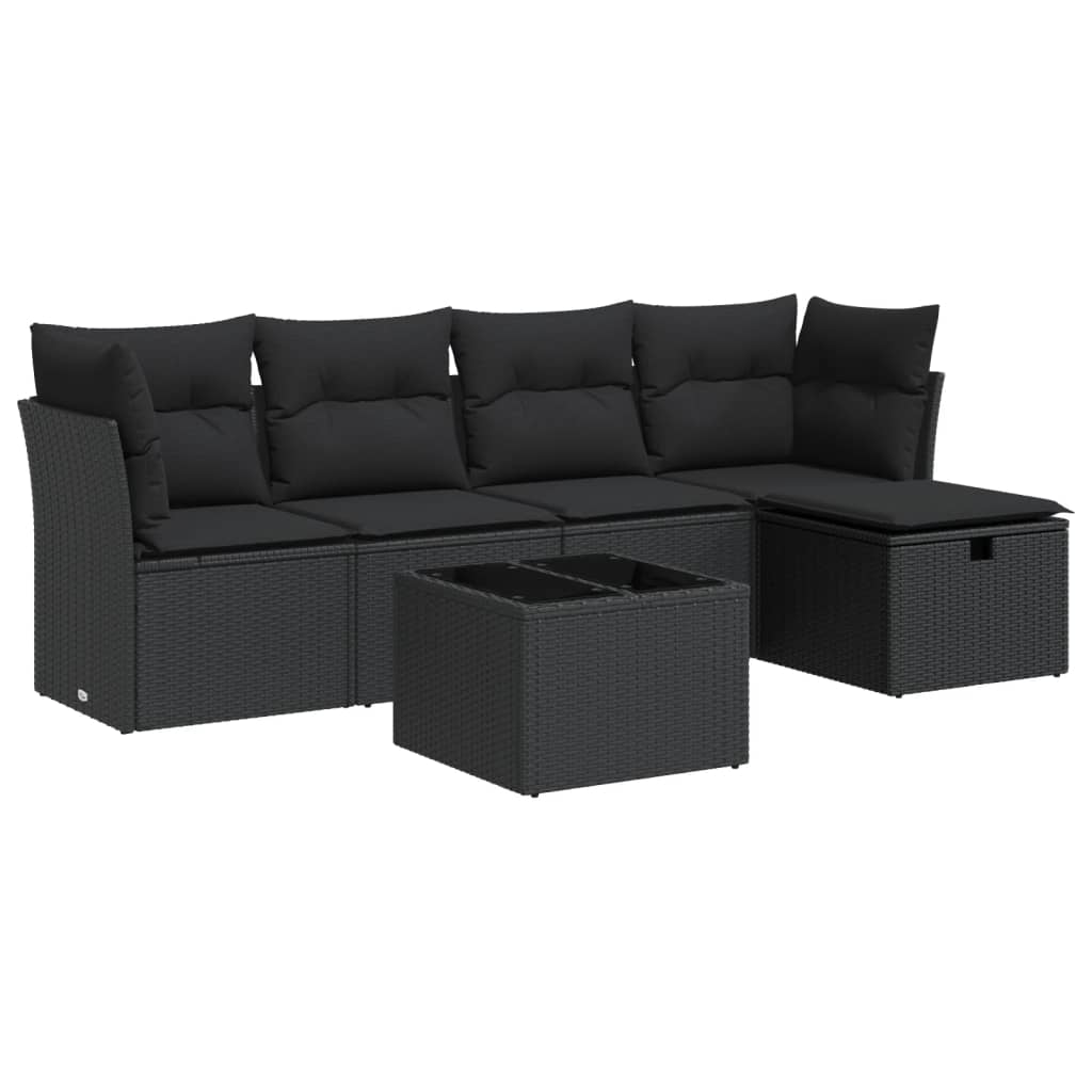 Set mobilier de grădină cu perne, 6 piese, negru, poliratan