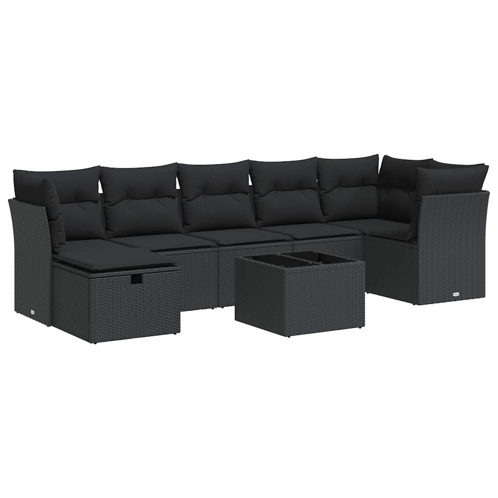 Set mobilier de grădină cu perne, 8 piese, negru, poliratan