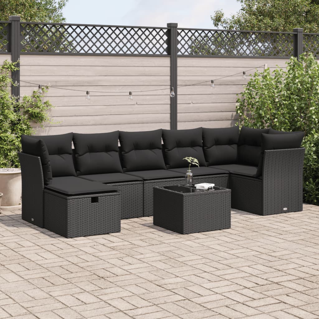 Set mobilier de grădină cu perne, 8 piese, negru, poliratan