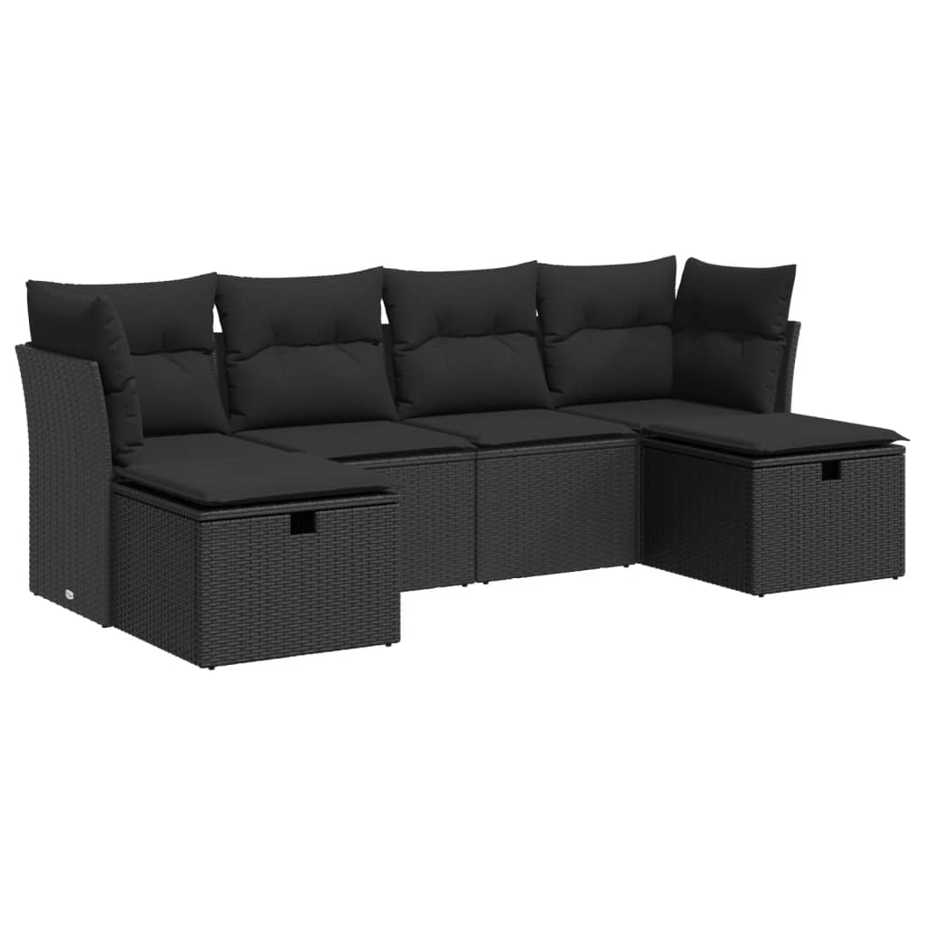 Set mobilier de grădină cu perne, 6 piese, negru, poliratan