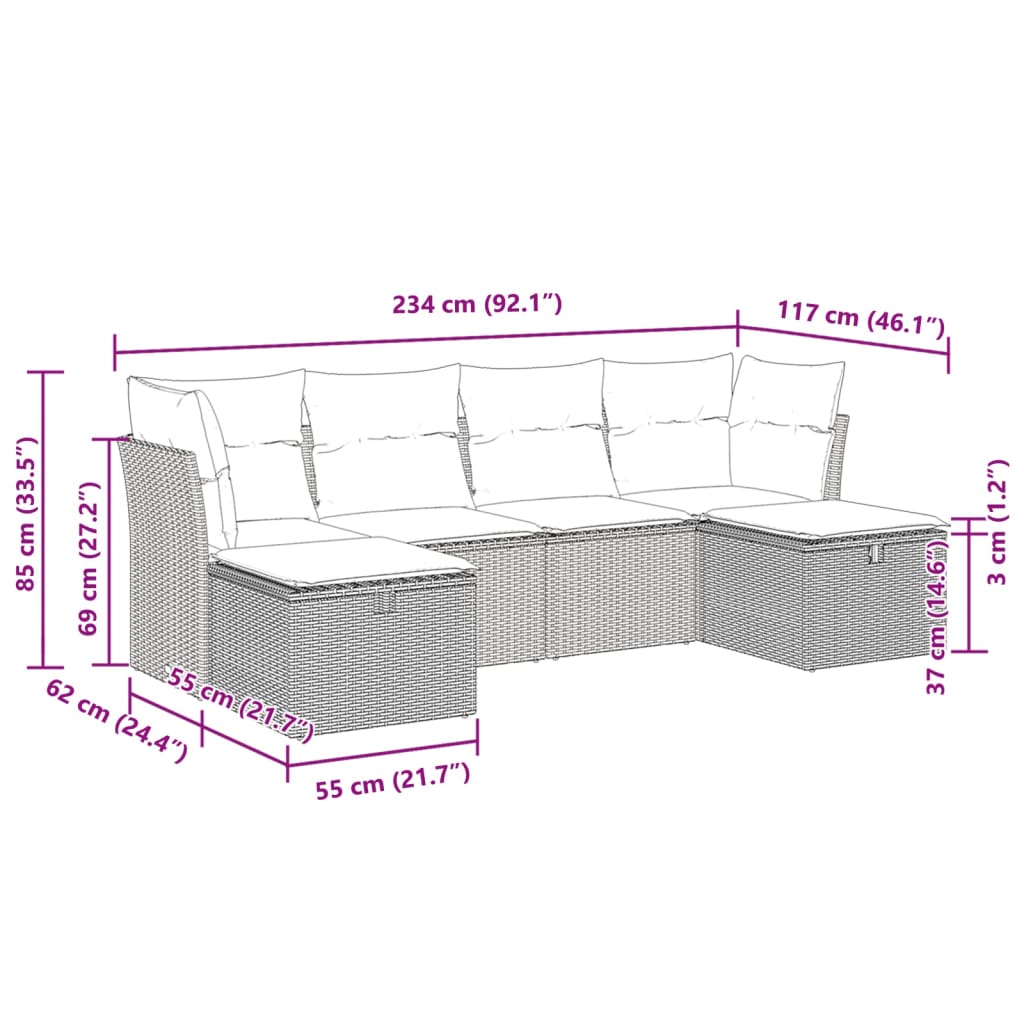 Set mobilier de grădină cu perne, 6 piese, negru, poliratan