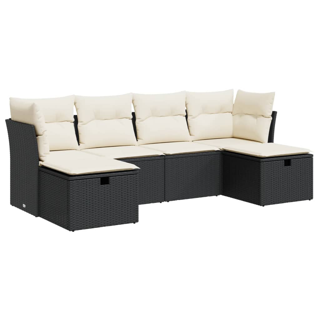 Set mobilier de grădină cu perne, 6 piese, negru, poliratan