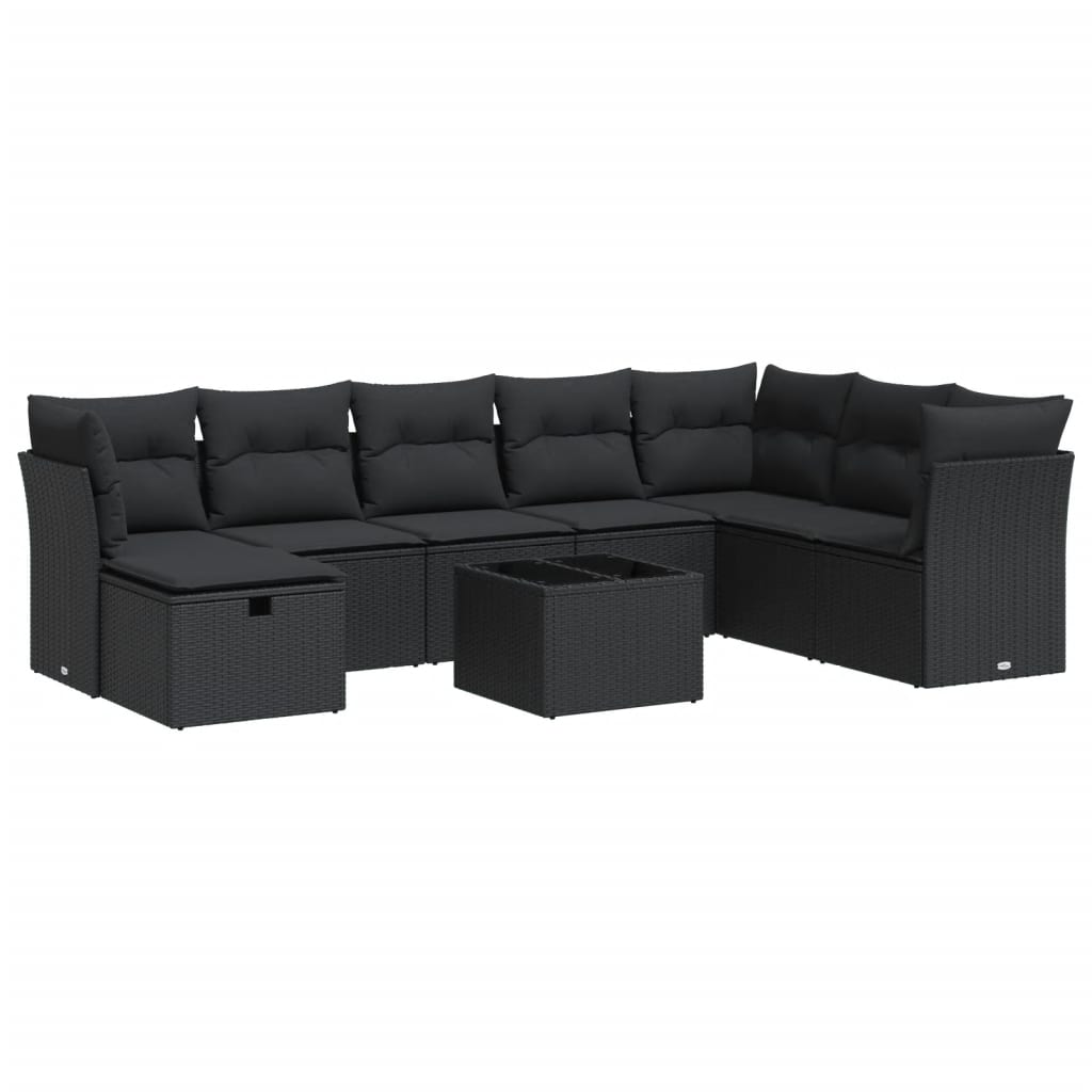 Set mobilier de grădină cu perne, 9 piese, negru, poliratan