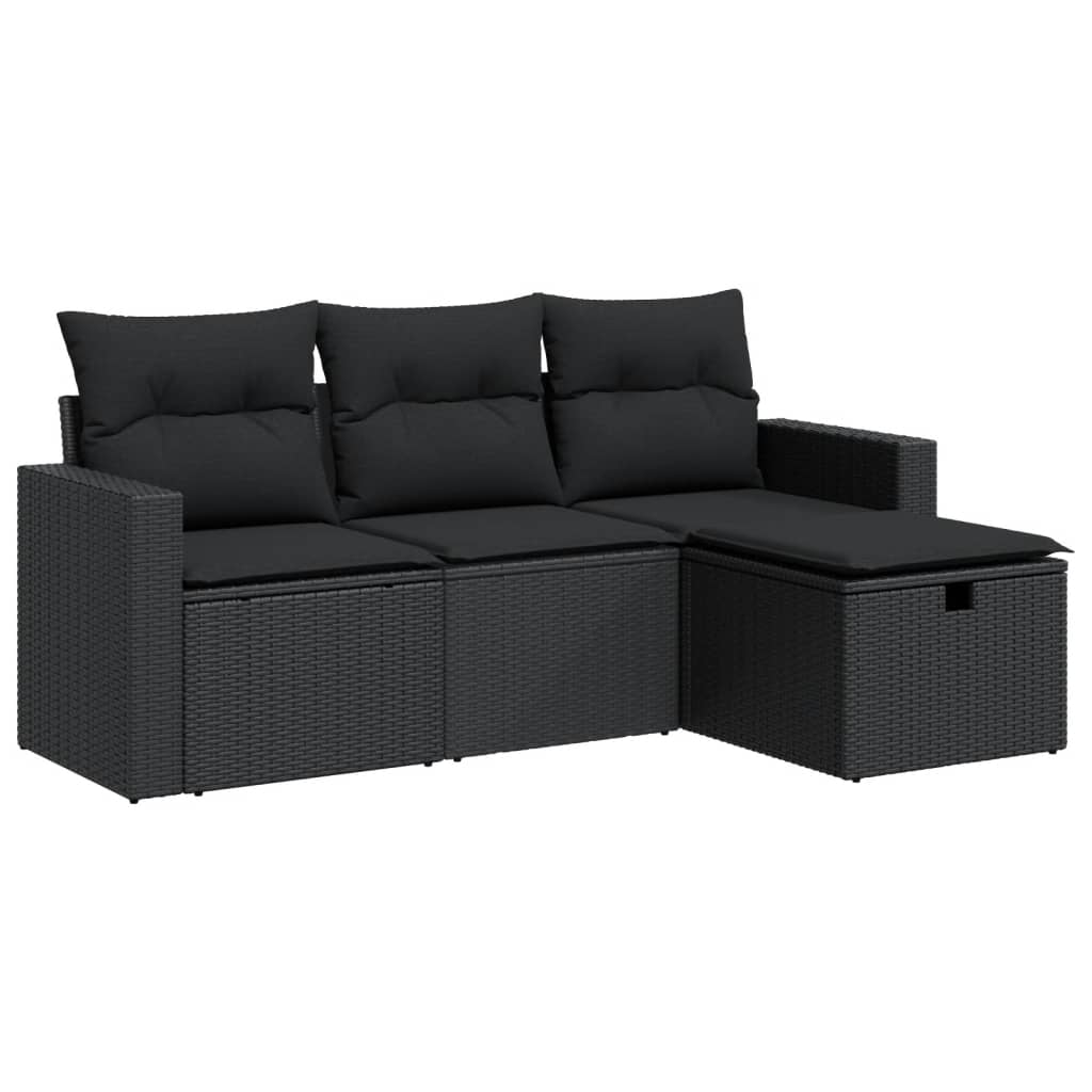 Set mobilier de grădină cu perne, 4 piese, negru, poliratan