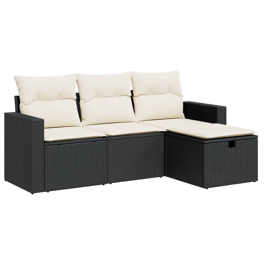 Set mobilier de grădină cu perne, 4 piese, negru, poliratan