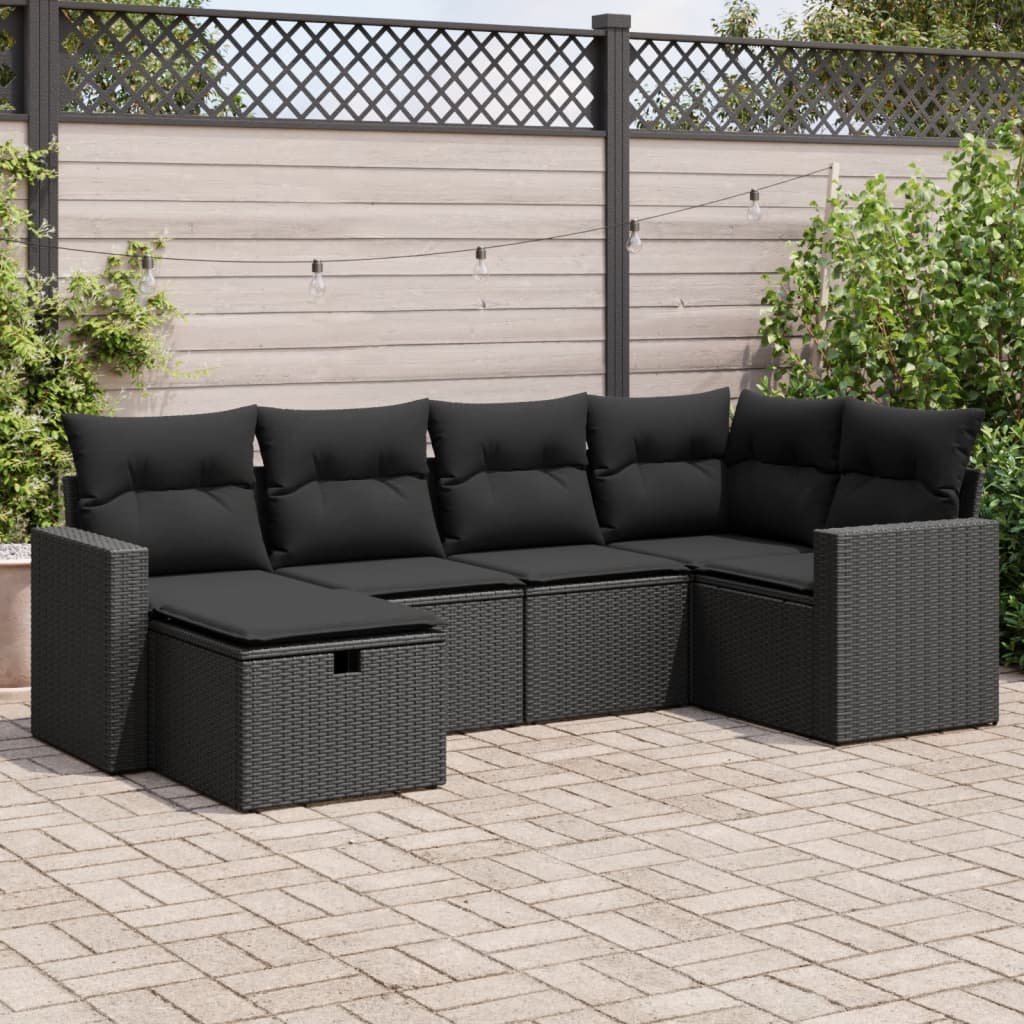 Set mobilier de grădină cu perne, 6 piese, negru, poliratan