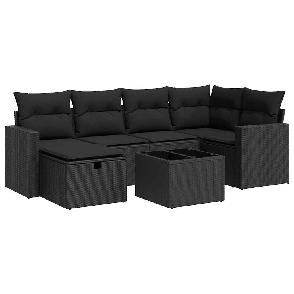 Set canapele de grădină cu perne, 7 piese, negru, poliratan