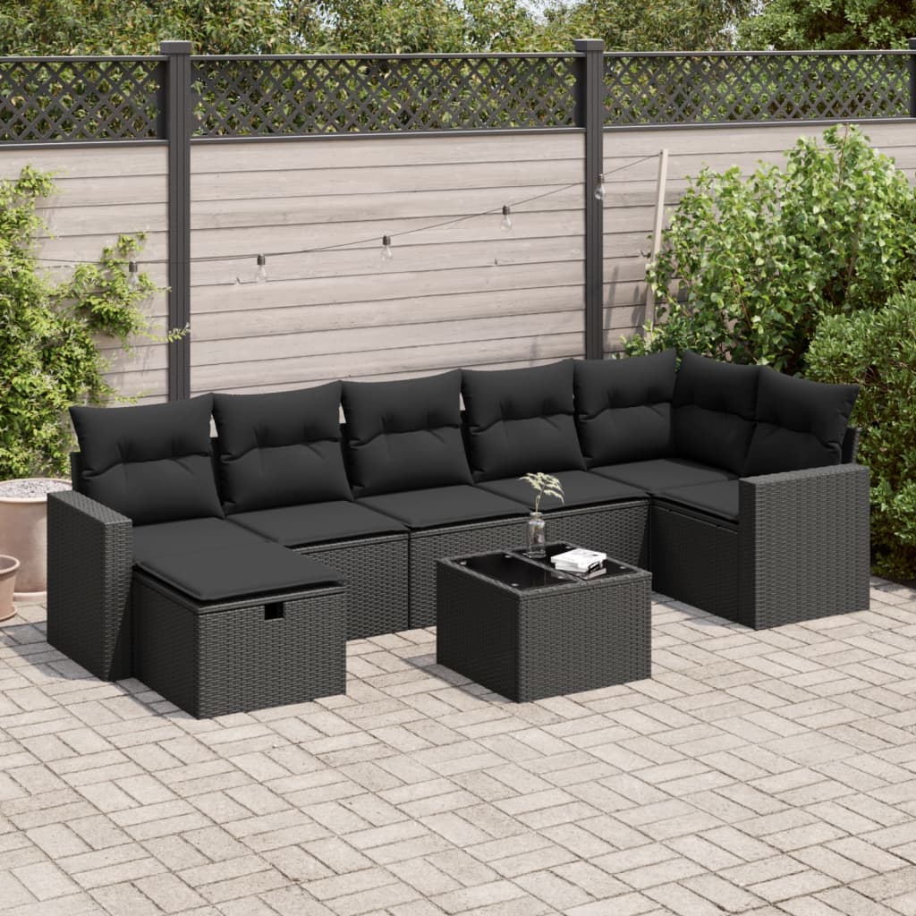 Set mobilier de grădină cu perne, 8 piese, negru, poliratan