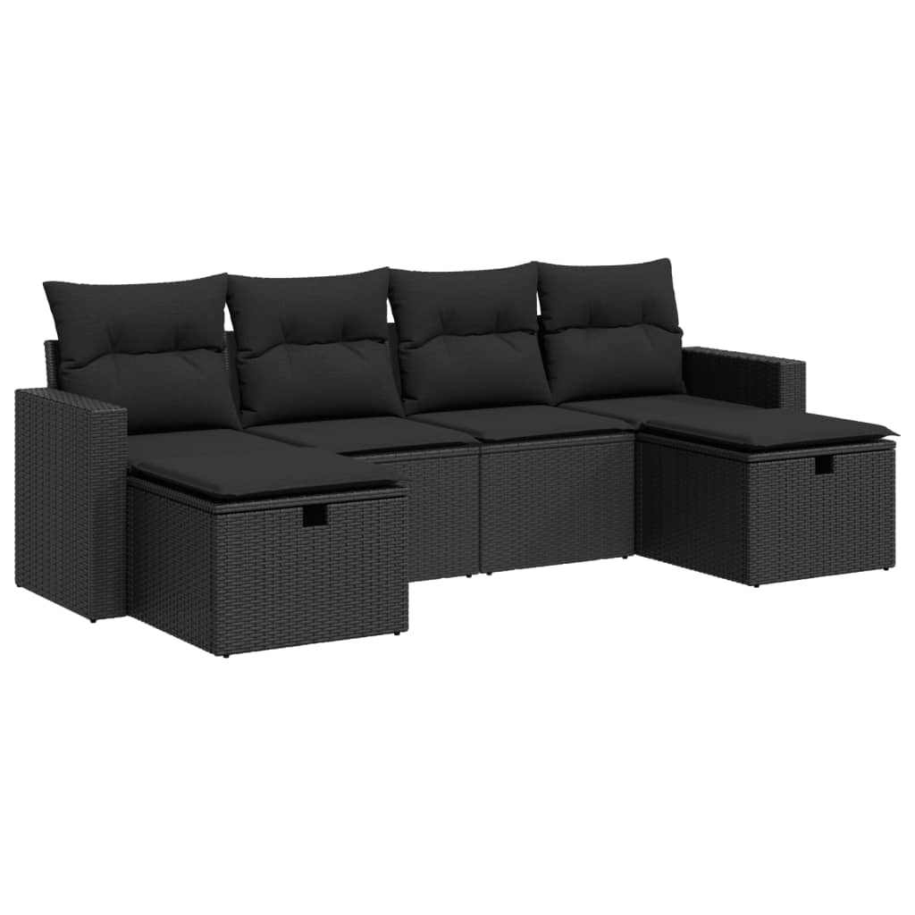 Set mobilier de grădină cu perne, 6 piese, negru, poliratan