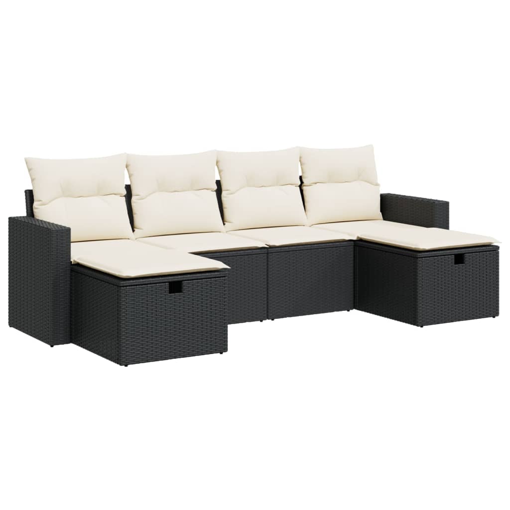 Set mobilier de grădină cu perne, 6 piese, negru, poliratan