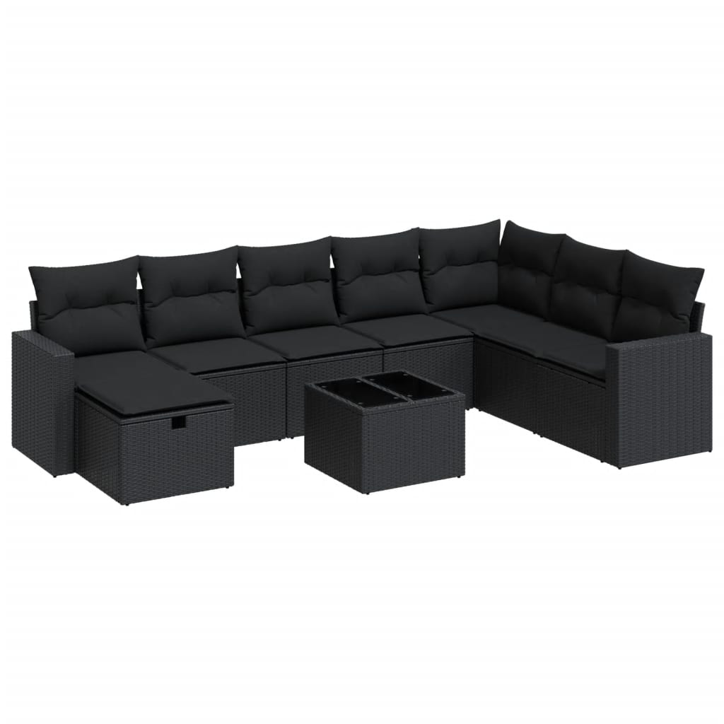 Set mobilier de grădină cu perne, 9 piese, negru, poliratan