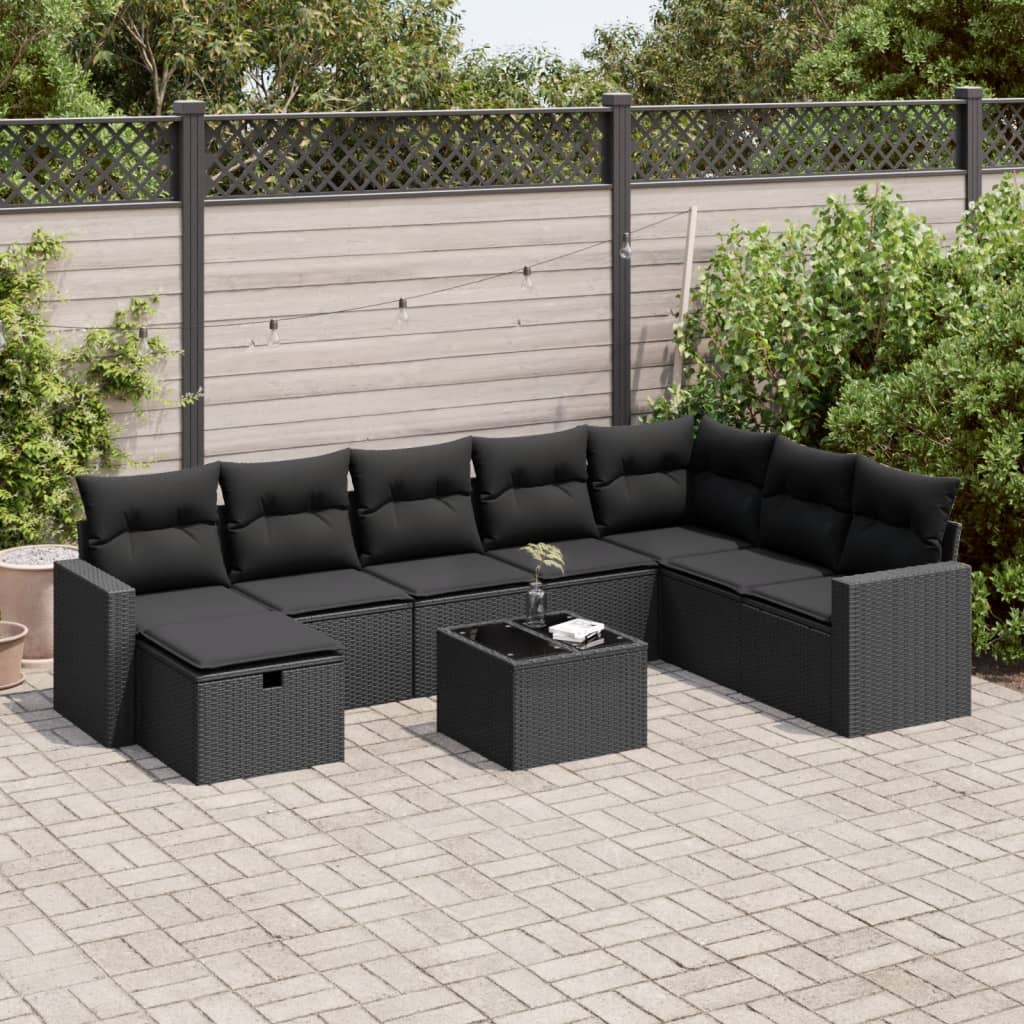 Set mobilier de grădină cu perne, 9 piese, negru, poliratan