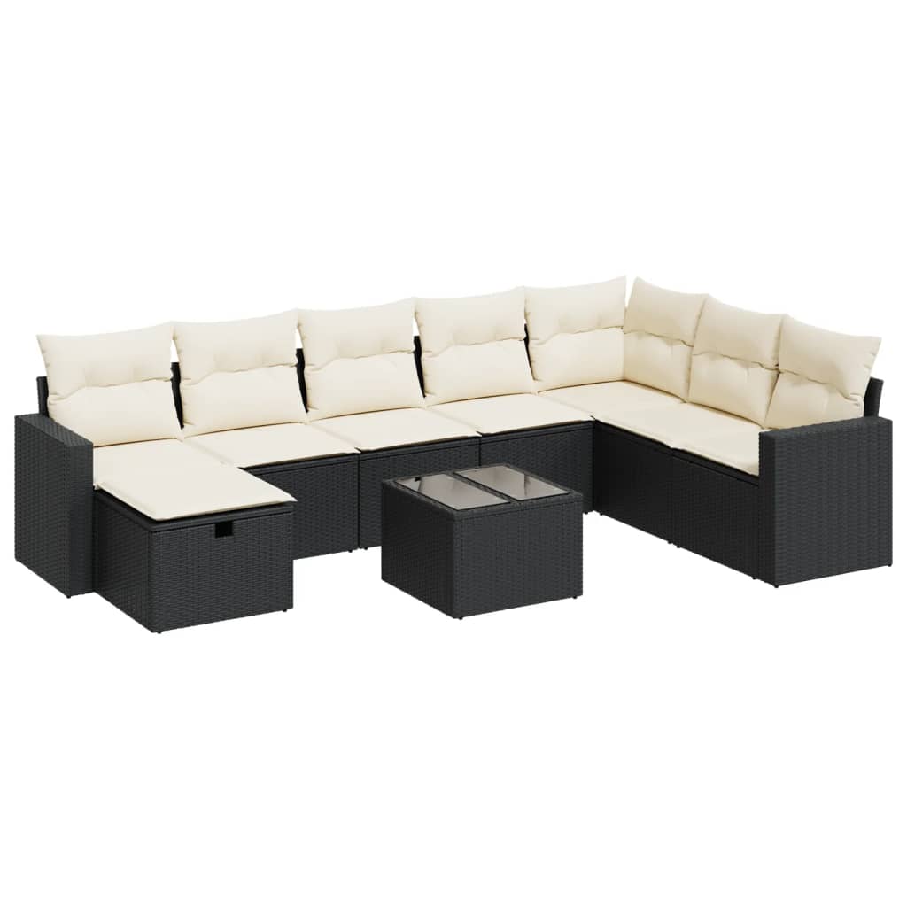 Set mobilier de grădină cu perne, 9 piese, negru, poliratan