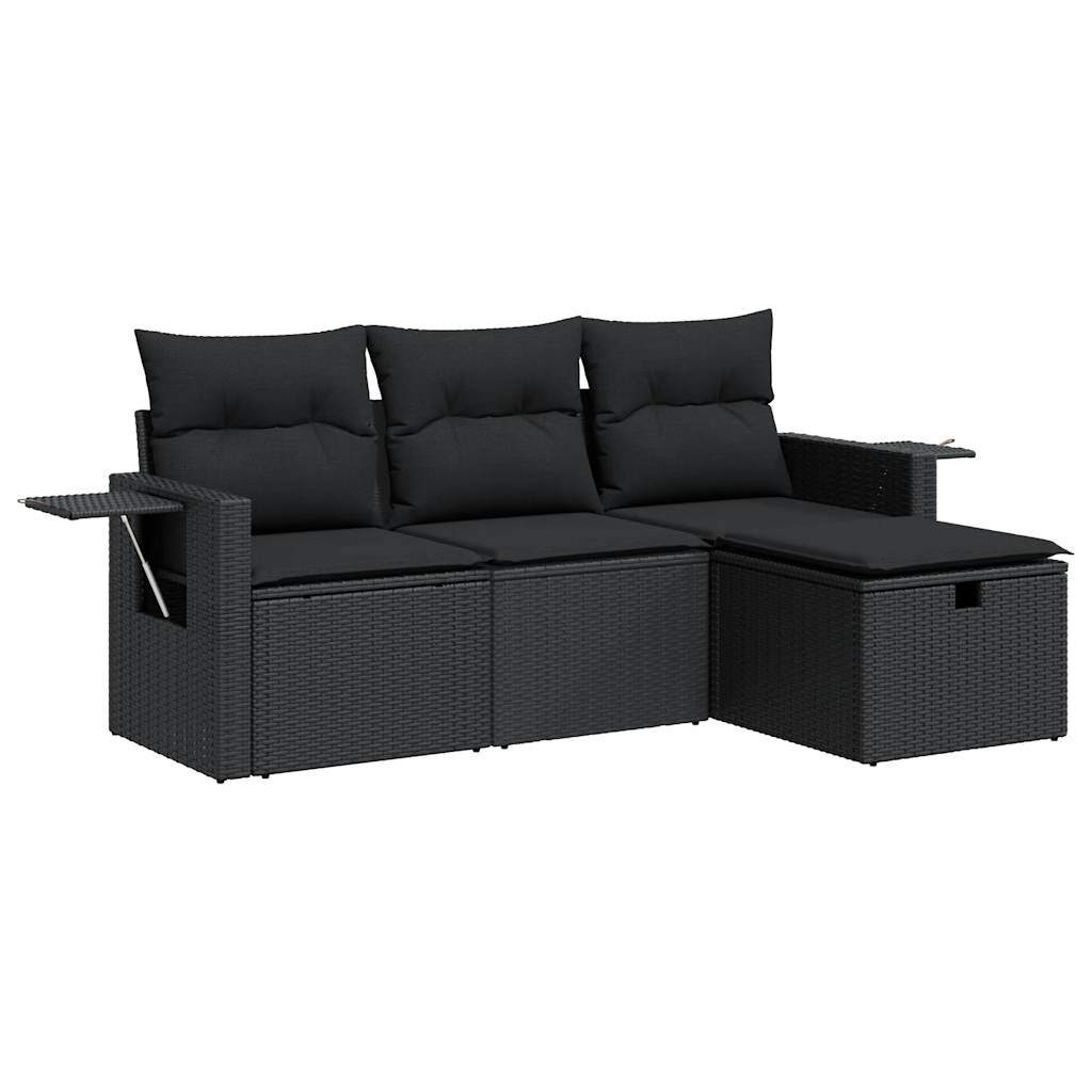 Set mobilier de grădină cu perne, 4 piese, negru, poliratan