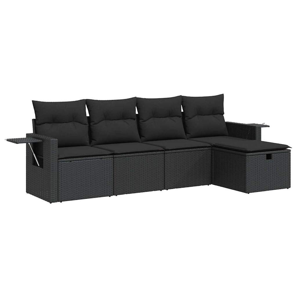 Set mobilier de grădină cu perne, 5 piese, negru, poliratan