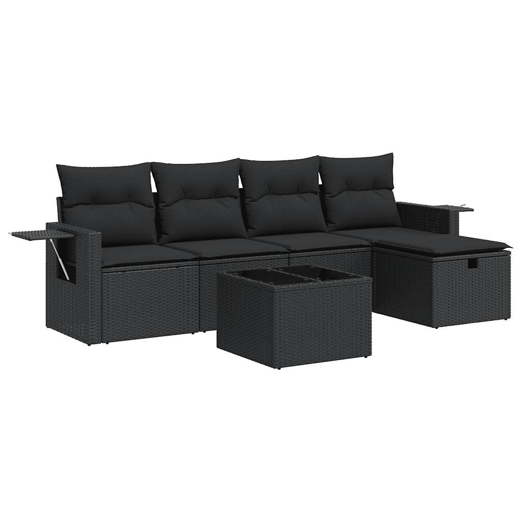 Set mobilier de grădină cu perne, 6 piese, negru, poliratan