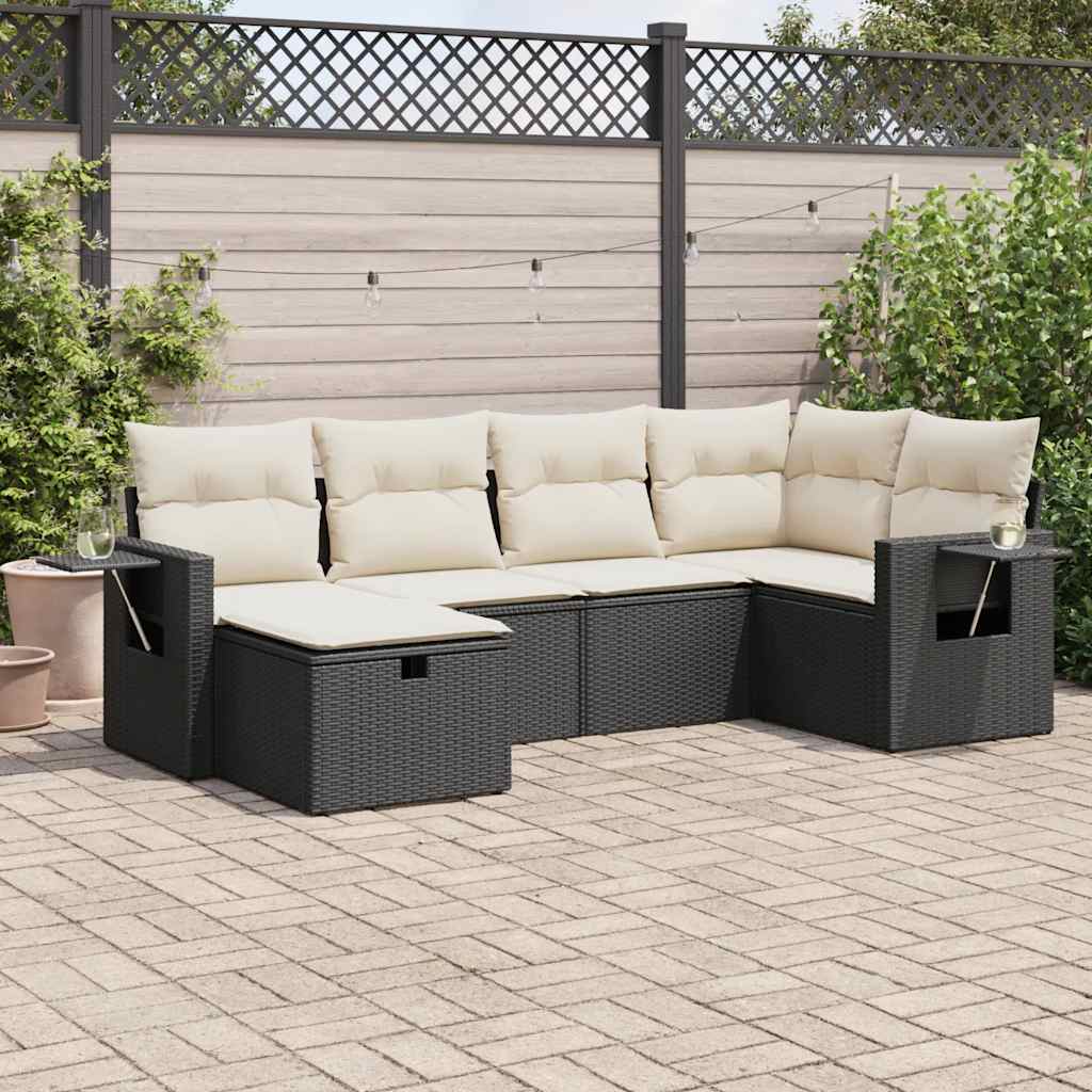 Set mobilier de grădină cu perne, 6 piese, negru, poliratan