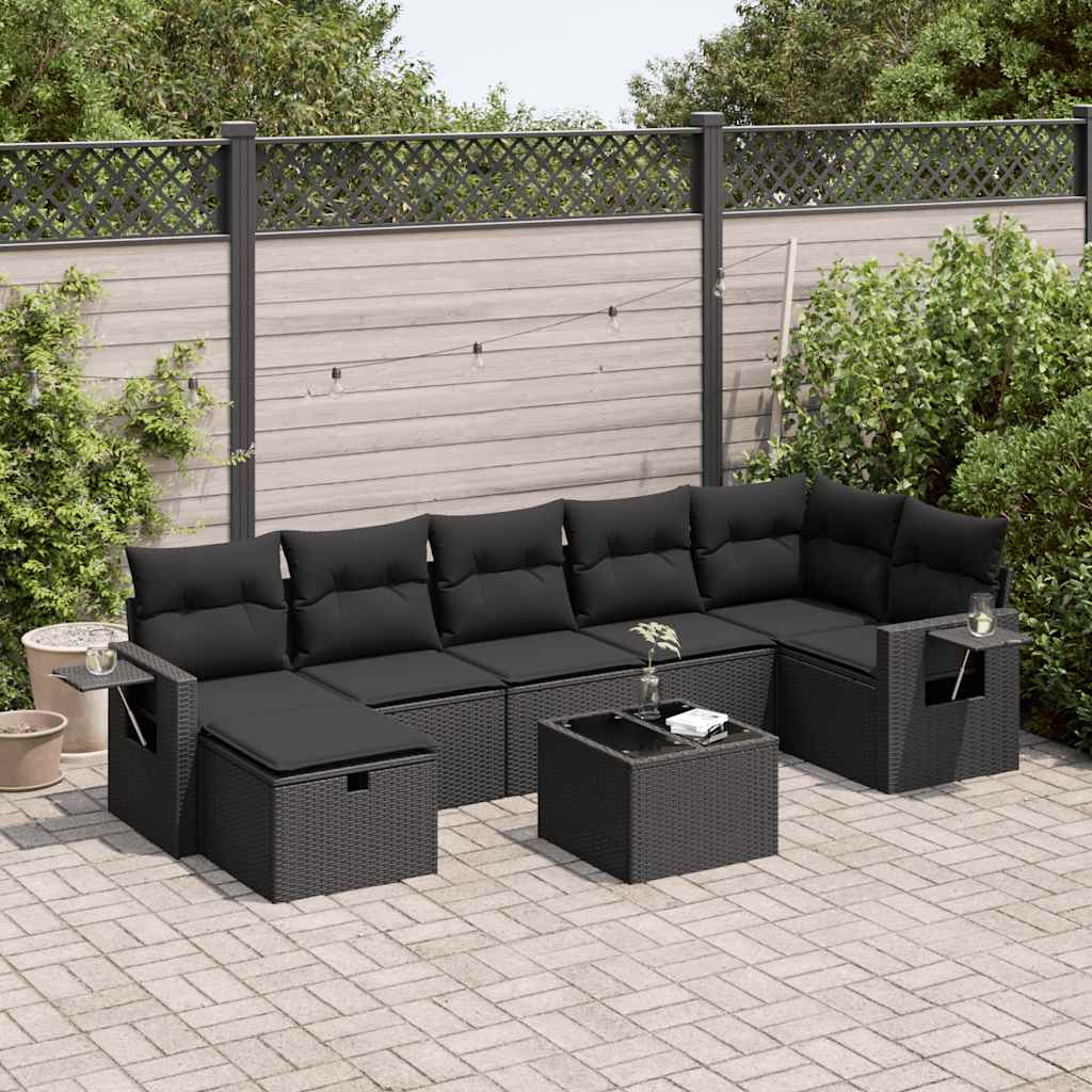 Set mobilier de grădină cu perne, 8 piese, negru, poliratan