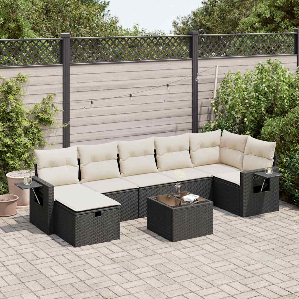 Set mobilier de grădină cu perne, 8 piese, negru, poliratan