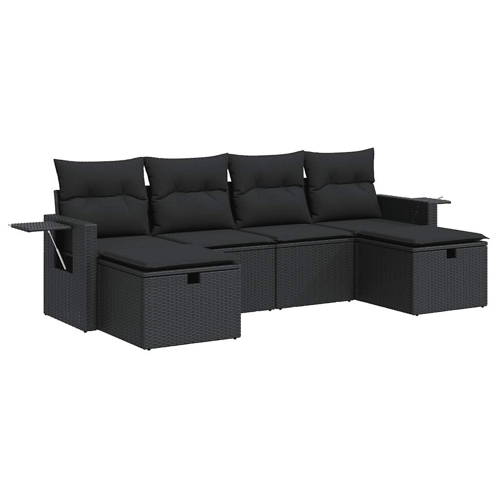 Set mobilier de grădină cu perne, 6 piese, negru, poliratan