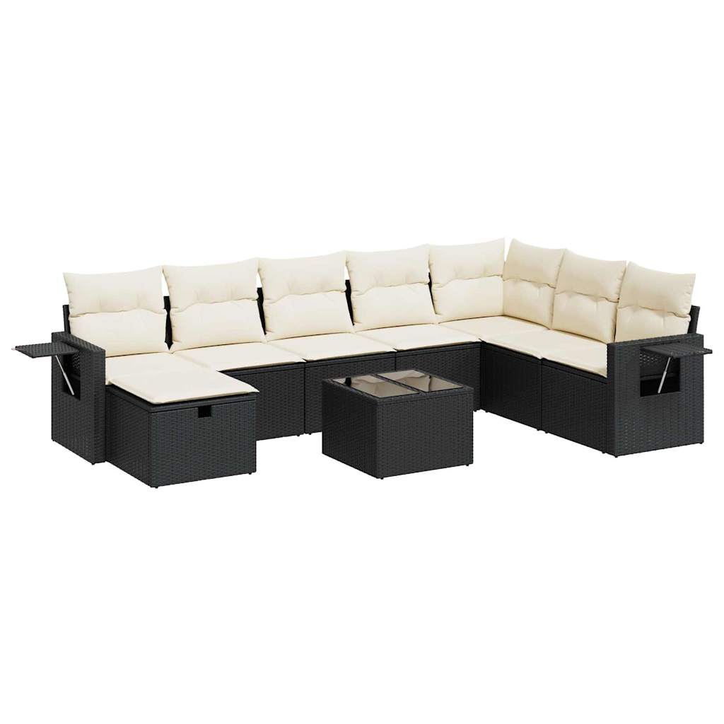 Set mobilier de grădină cu perne, 9 piese, negru, poliratan