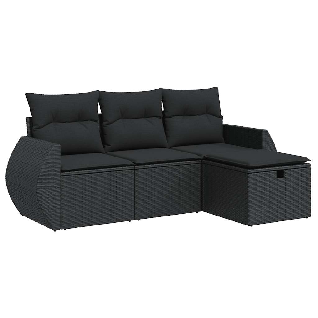 Set mobilier de grădină cu perne, 4 piese, negru, poliratan