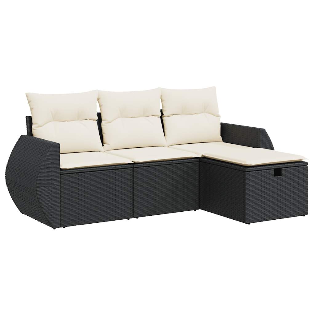 Set mobilier de grădină cu perne, 4 piese, negru, poliratan