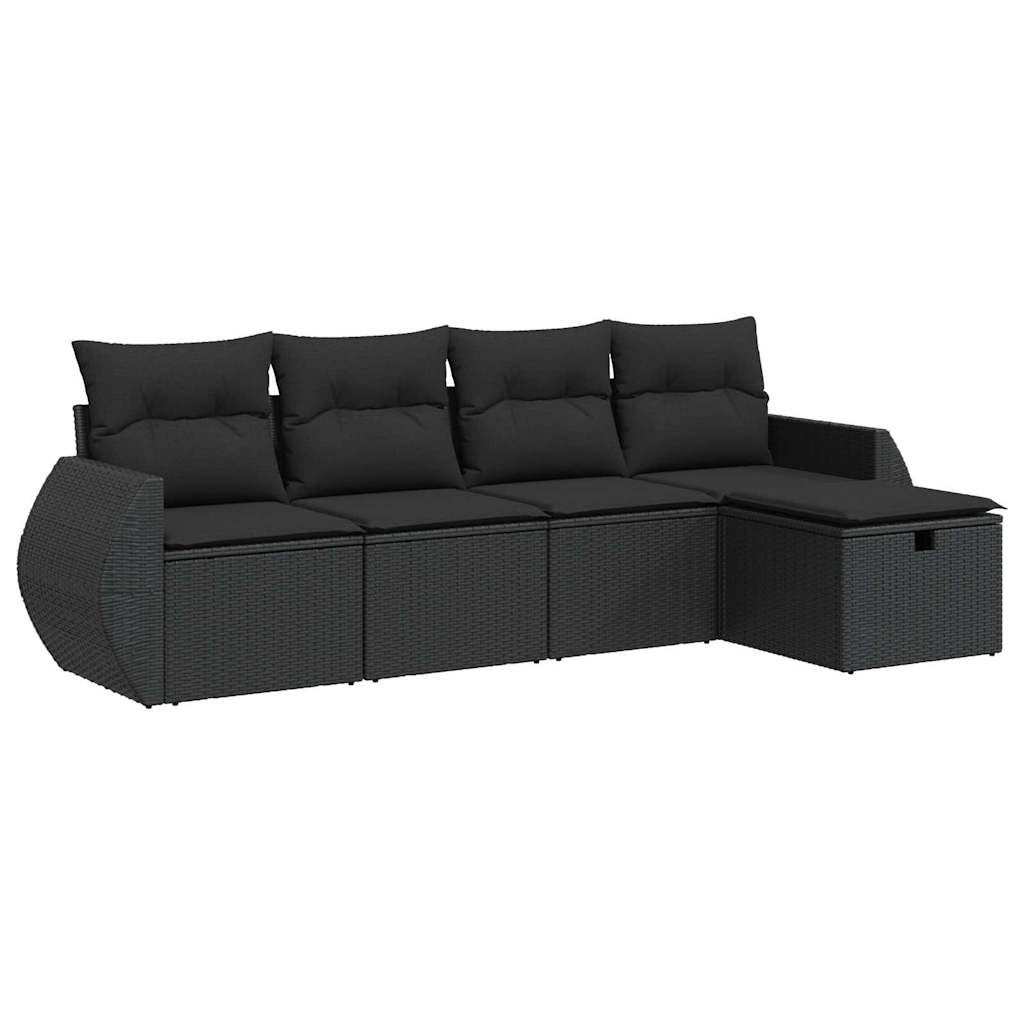 Set mobilier de grădină cu perne, 5 piese, negru, poliratan