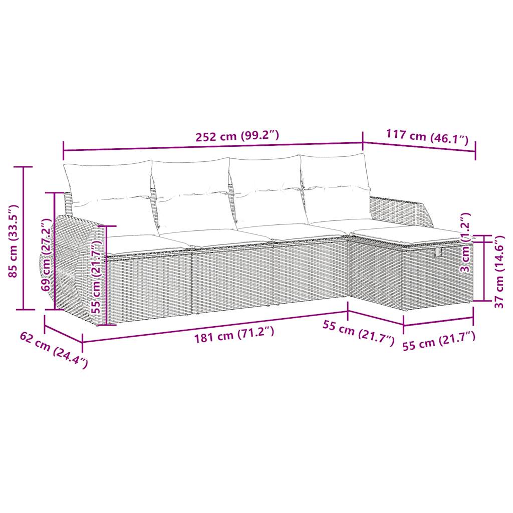 Set mobilier de grădină cu perne, 5 piese, negru, poliratan