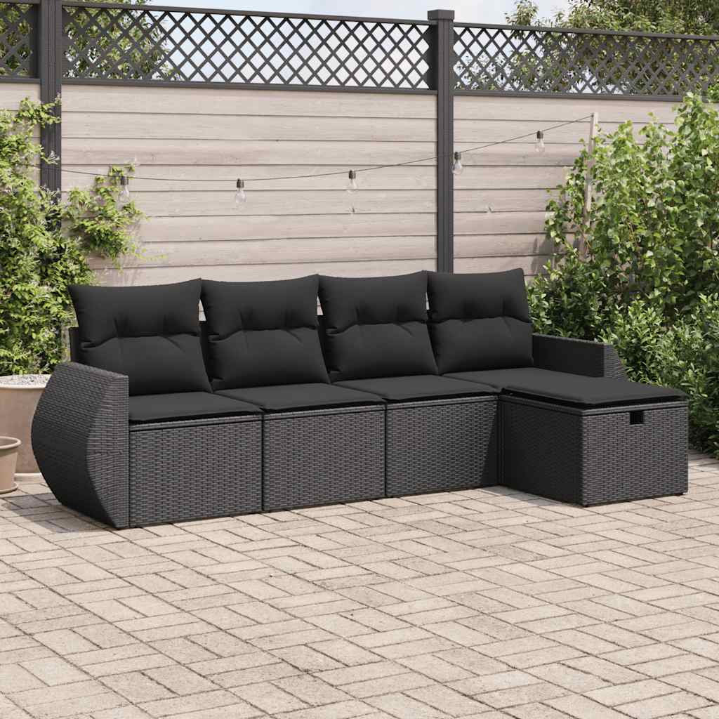 Set mobilier de grădină cu perne, 5 piese, negru, poliratan