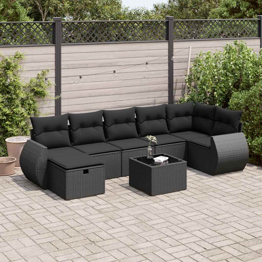 Set mobilier de grădină cu perne, 8 piese, negru, poliratan