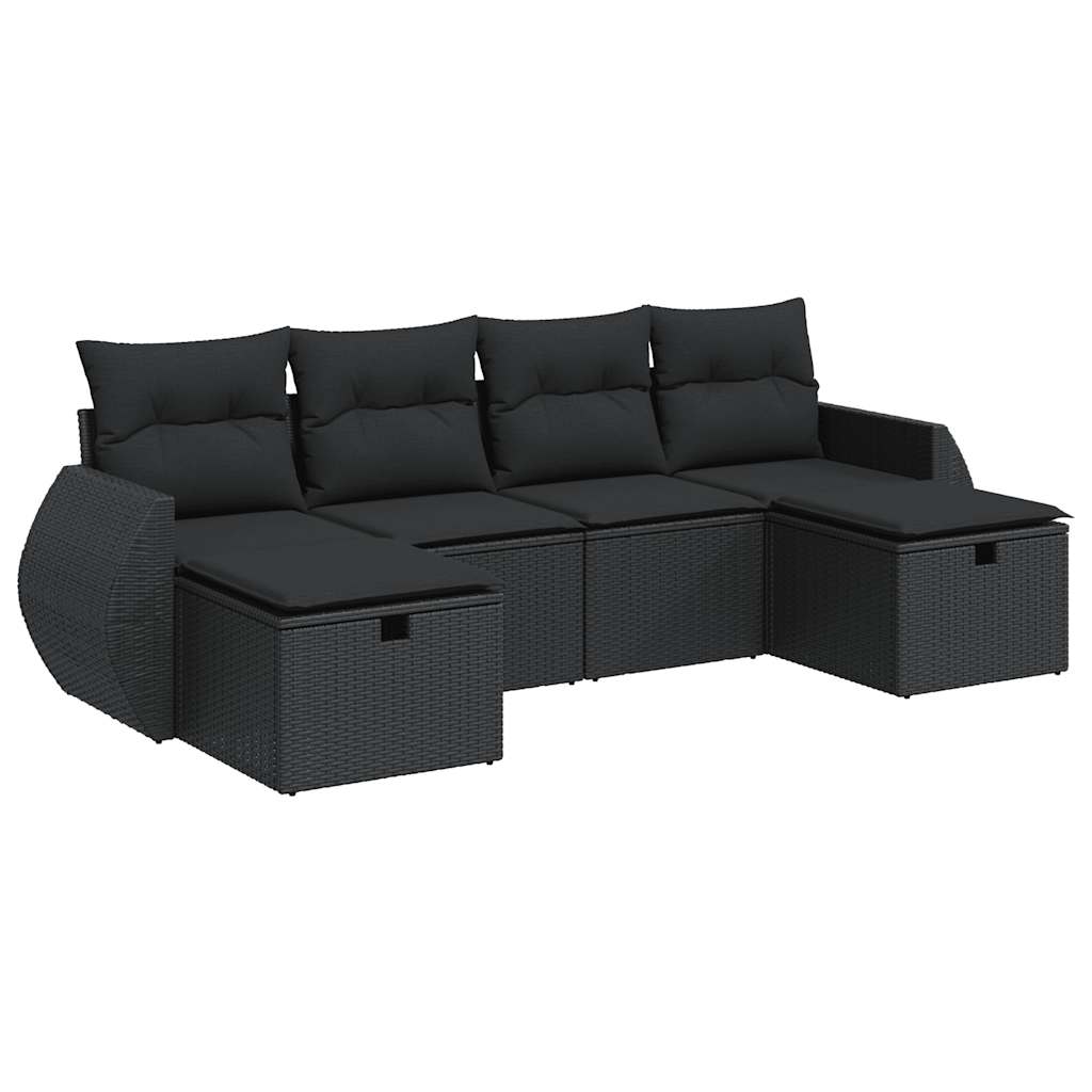 Set mobilier de grădină cu perne, 6 piese, negru, poliratan