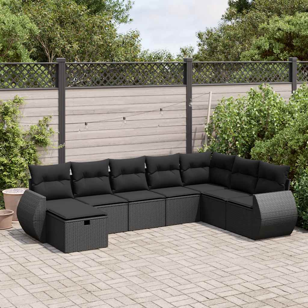 Set mobilier de grădină cu perne, 8 piese, negru, poliratan