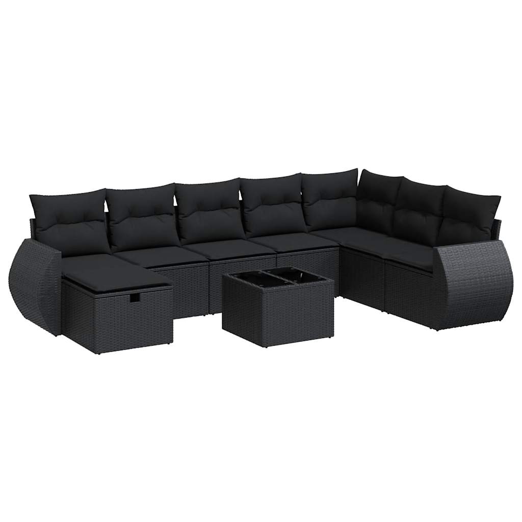 Set mobilier de grădină cu perne, 9 piese, negru, poliratan