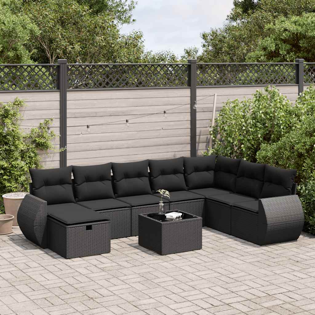 Set mobilier de grădină cu perne, 9 piese, negru, poliratan