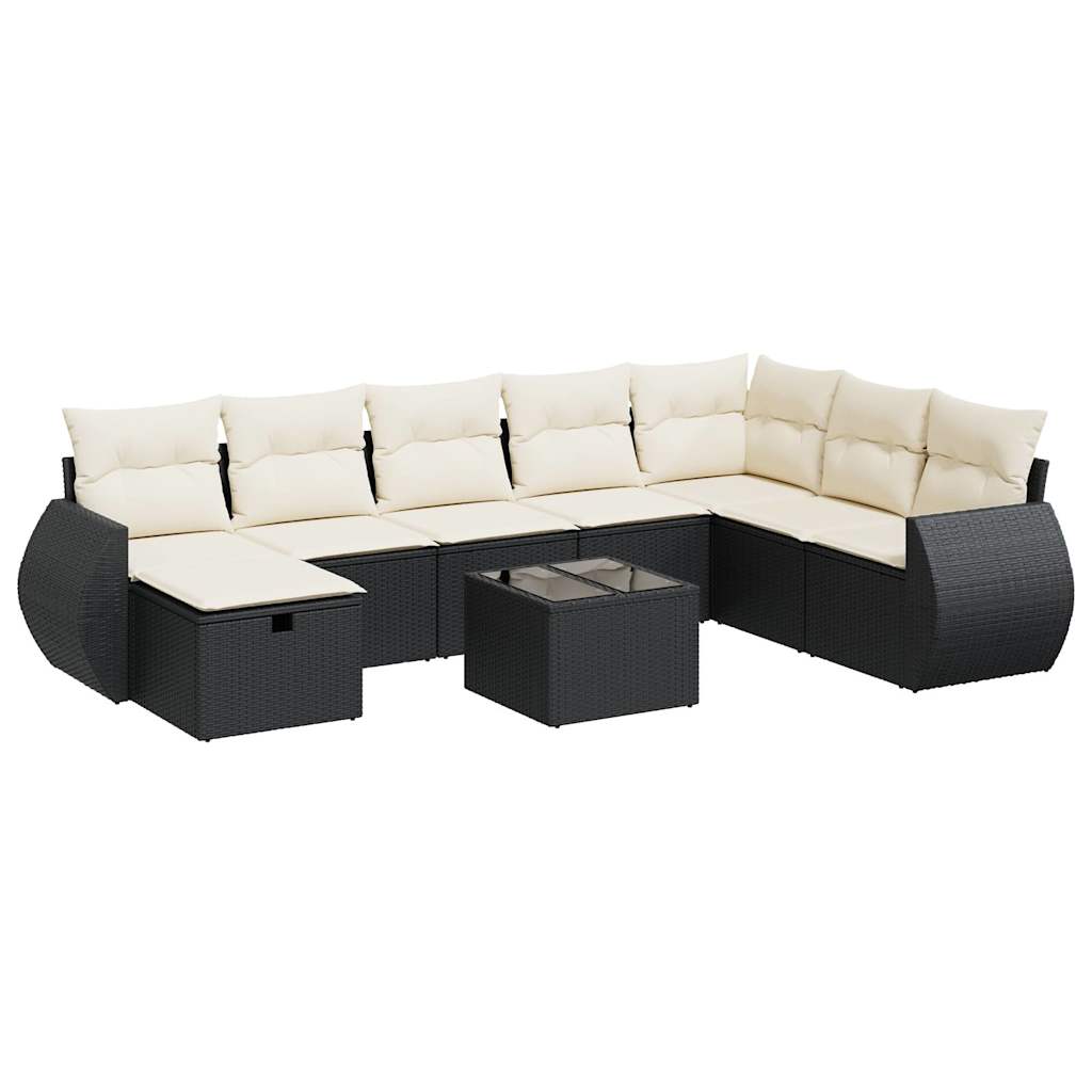 Set mobilier de grădină cu perne, 9 piese, negru, poliratan