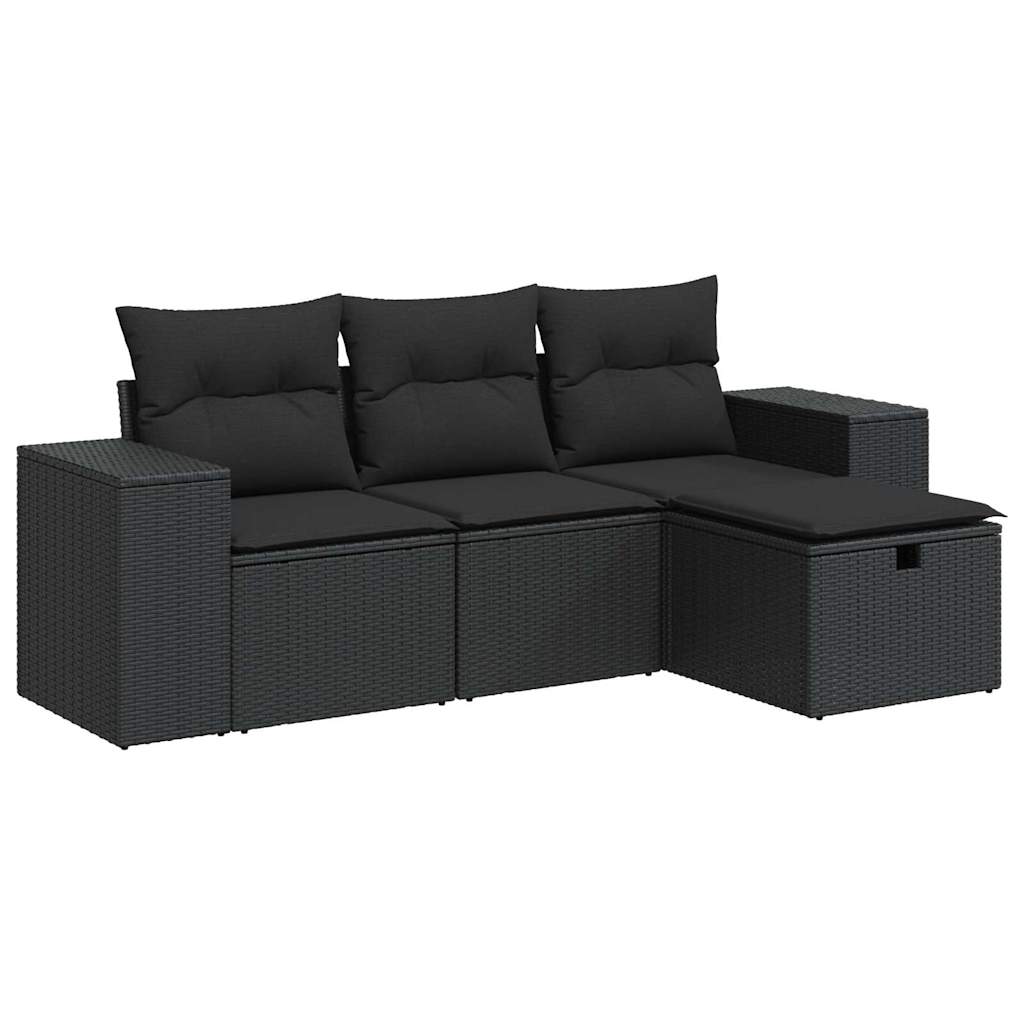 Set mobilier de grădină cu perne, 4 piese, negru, poliratan