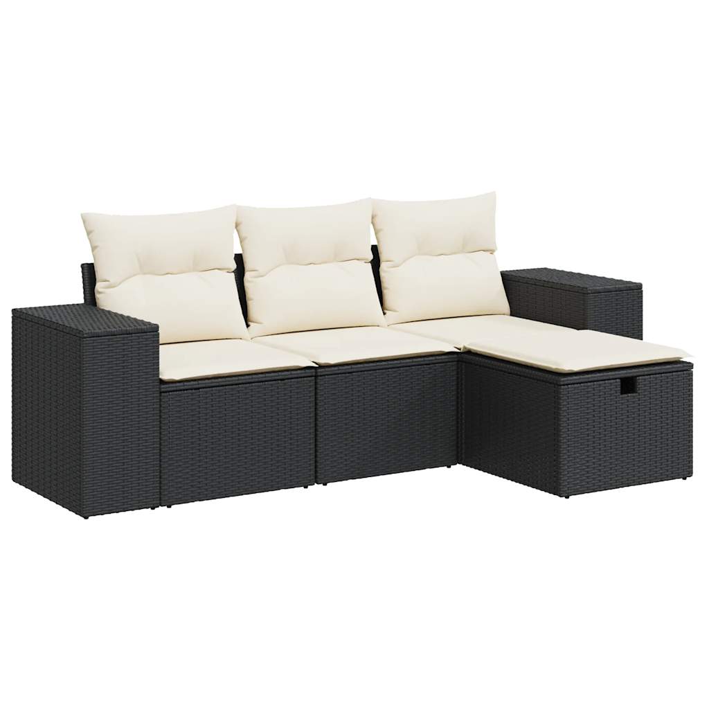 Set mobilier de grădină cu perne, 4 piese, negru, poliratan