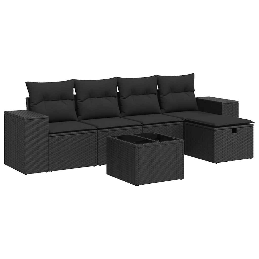 Set mobilier de grădină cu perne, 6 piese, negru, poliratan