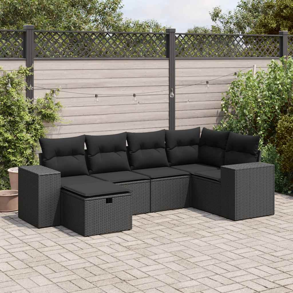 Set mobilier de grădină cu perne, 6 piese, negru, poliratan