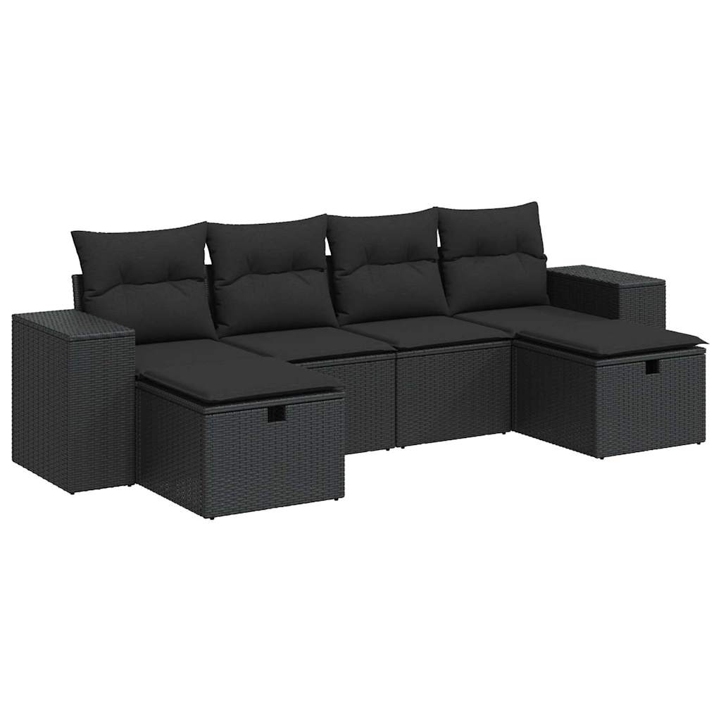 Set mobilier de grădină cu perne, 6 piese, negru, poliratan