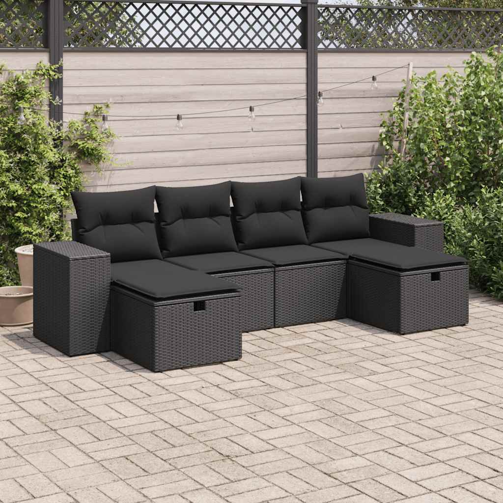 Set mobilier de grădină cu perne, 6 piese, negru, poliratan