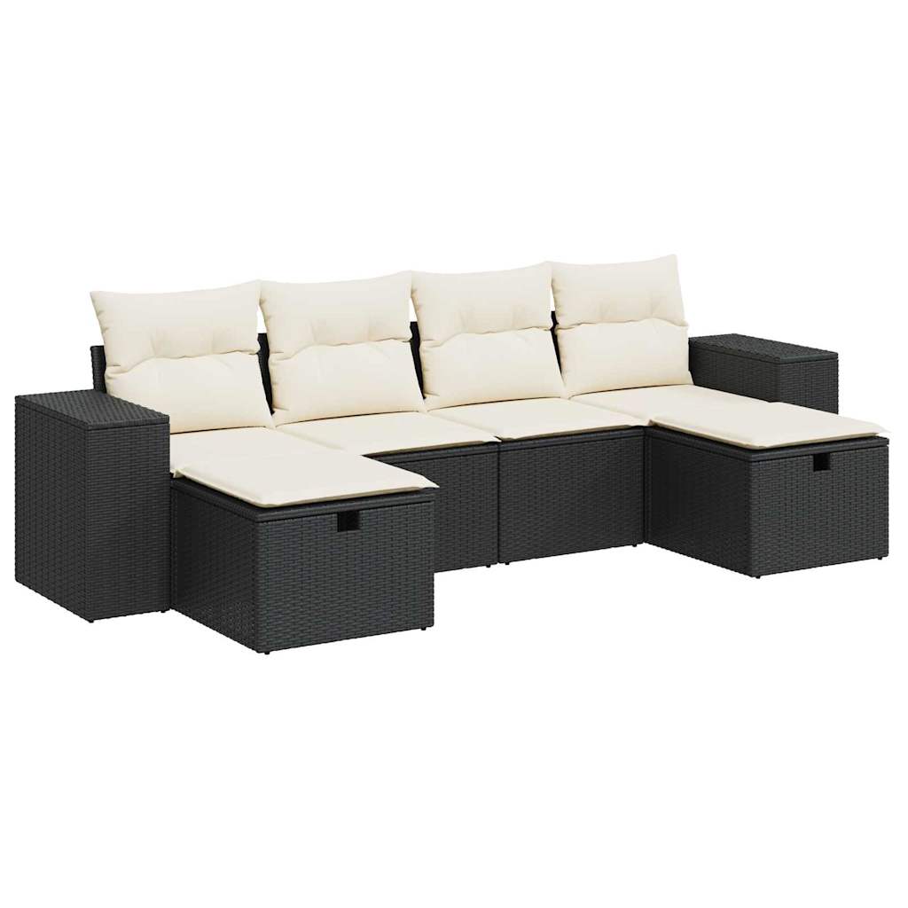 Set mobilier de grădină cu perne, 6 piese, negru, poliratan