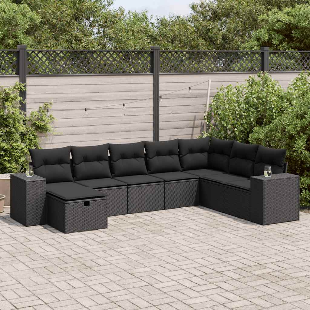 Set mobilier de grădină cu perne, 8 piese, negru, poliratan