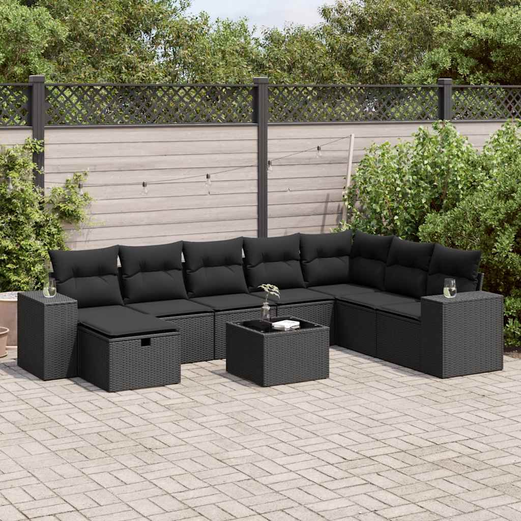 Set mobilier de grădină cu perne, 9 piese, negru, poliratan